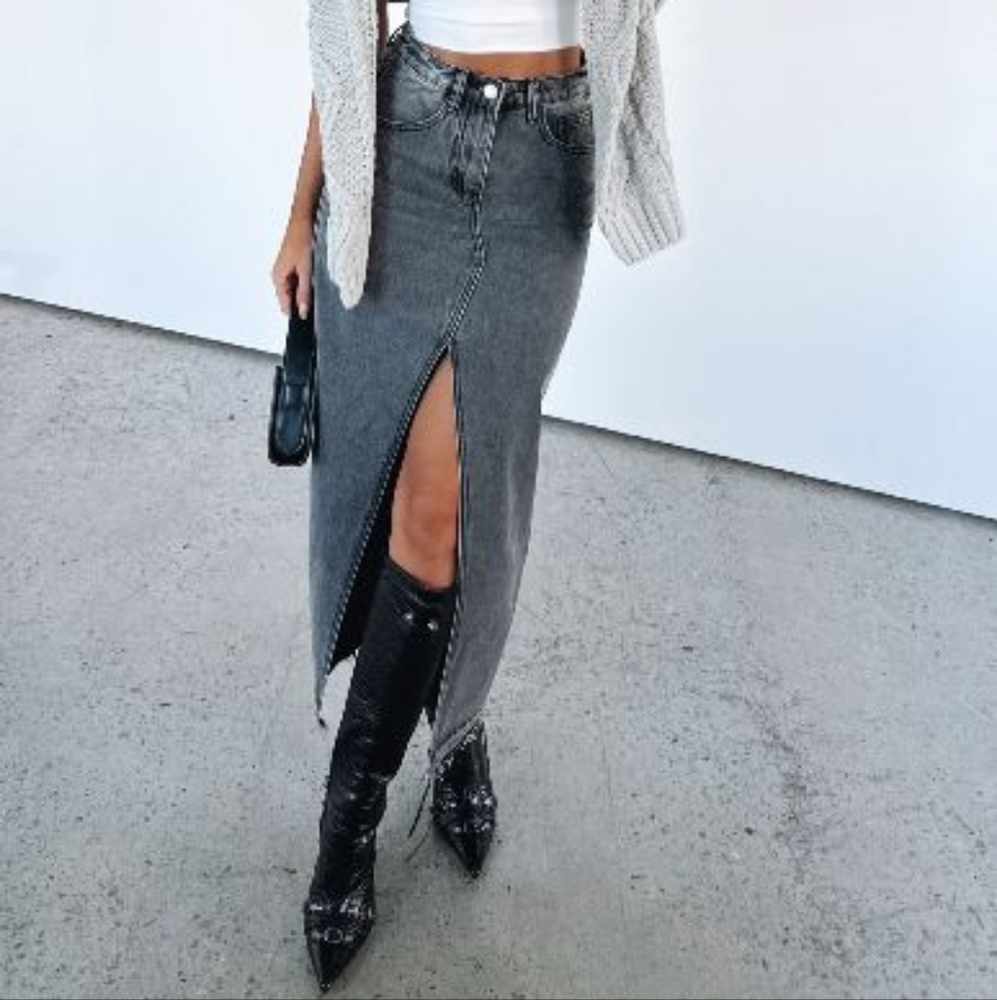 White Fox Black Denim Maxi Skirt